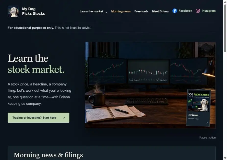 The real My Dog Picks Stocks homepage, with stock-market learning guides and Briana at her research desk